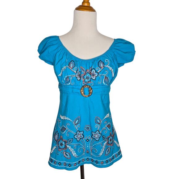 Vintage Y2K Floral Embroidered Peasant Blouse Blue Puff Fairy Women Medium - Picture 1 of 10
